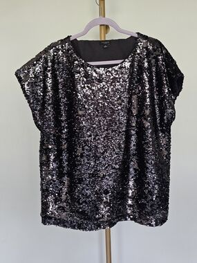 Ann Taylor Factory Black Sequin Cap Sleeve Blouse SZ XL